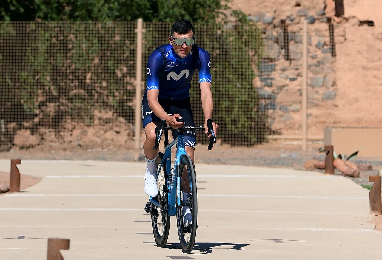 AL ULA, SAUDI ARABIA - FEBRUARY 01: Ruben Almeida Guerreiro of Portugal and Movistar Team prior to the 3rd Saudi Tour 2023 - Stage 3 a 159,2km stage from Al Manshiyah Train Station - AlUla to Abu Rakah 1139m / #SaudiTour / on February 01, 2023 in AlUla, Saudi Arabia. (Photo by Alex Broadway/Getty Images)