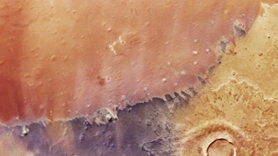 Arcadia Planitia with reddish and purplish regions