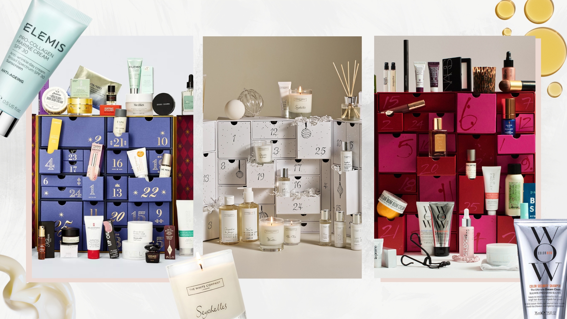 Collage of the best beauty advent calendars from John Lewis, The White Company and Harvey Nichols, on a white marble background with products and swatches