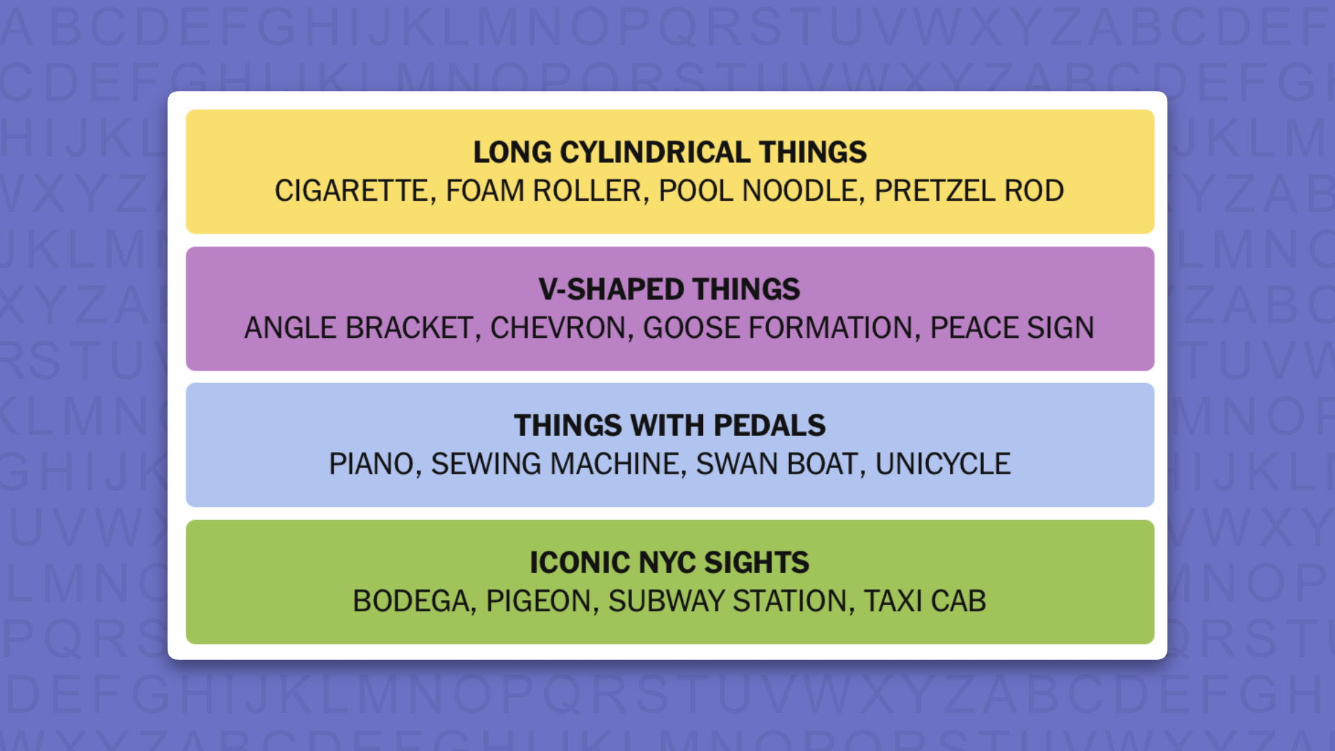 NYT Connections answers for game 1150 on a purple background