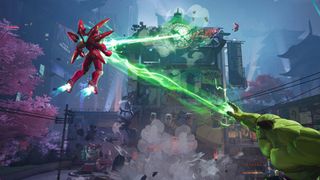 Iron Man and the Hulk smashing a building during the upcoming game, Marvel Rivals.