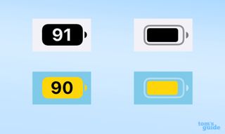 The battery indicator options in iOS 16, in normal and low power modes