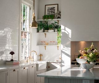 A white kitchen with floating shelves filled with plants and inherited glassware