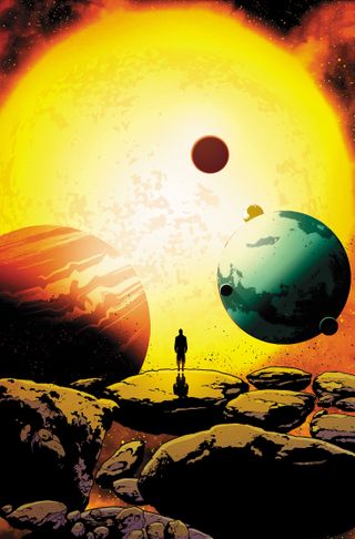 A lone figure stands on a small asteroid, gazing up at a solar system above him.