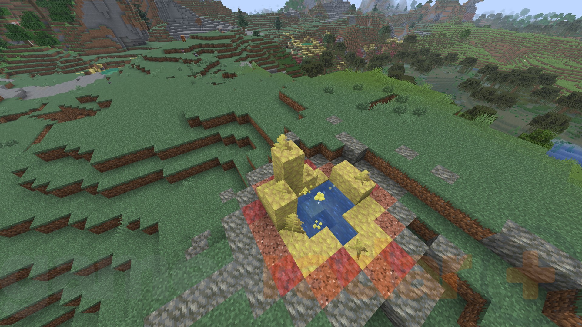 A geyser on the surface with more surface sulfur cave in the background in one of the coolest Minecraft seeds.
