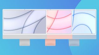 A product shot of various imacs on a colourful background