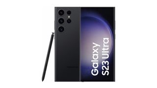 En svart Samsung Galaxy S23 Ultra vist forfra og bakfra mot en hvit bakgrunn.