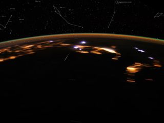 On the night of April 21, the 2012 Lyrid meteor shower peaked in the skies over Earth. While NASA allsky cameras were looking up at the night skies, astronaut Don Pettit aboard the International Space Station trained his video camera on Earth below. This image was taken taken on April 22, 2012
