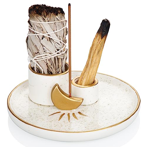 Zenbless Multifunction Incense and Candle Holder for Burning Sage, Palo Santo, Incense Sticks - 5.9" Ceramic Ash Catcher Tray for Meditation Room Home Decor (gold)