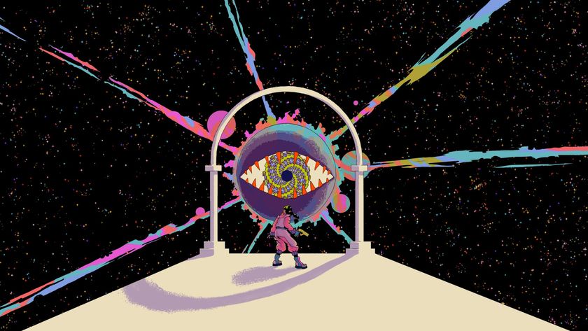 A woman confronts a giant eye in the vacuum of space.