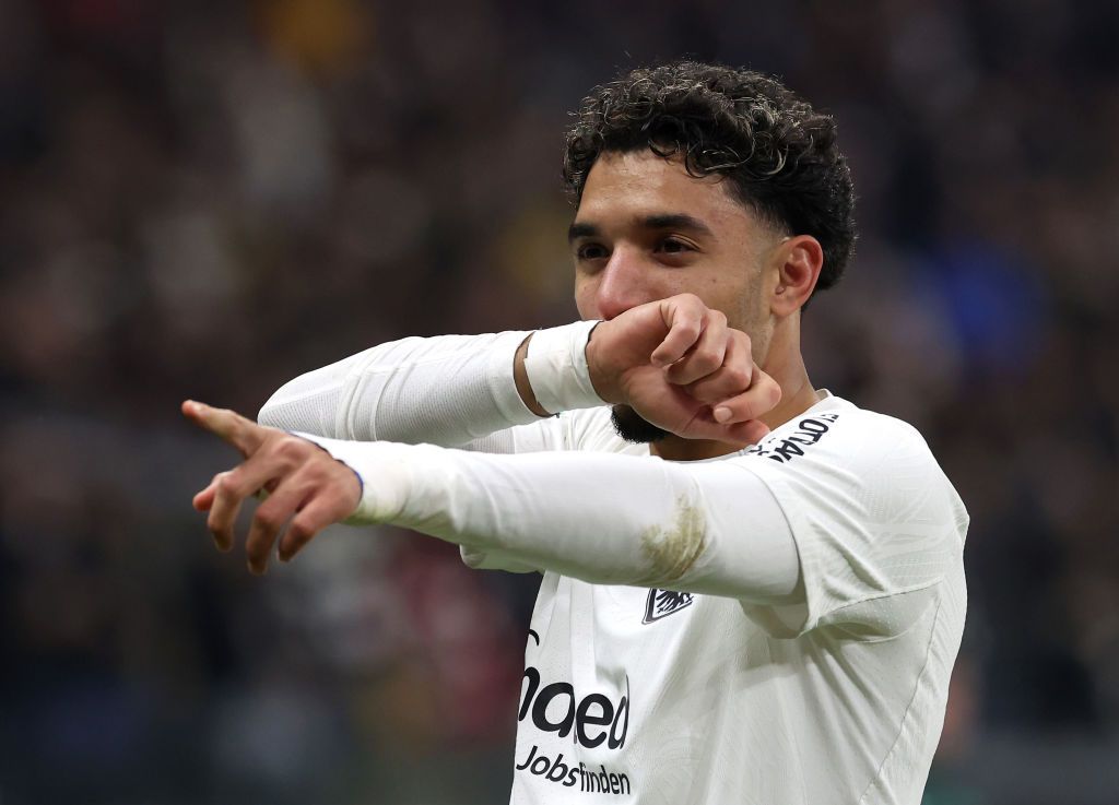 Manchester City target Omar Marmoush of Eintracht Frankfurt celebrates scoring his team&#039;s first goal during the UEFA Europa League 2024/25 League Phase MD4 match between Eintracht Frankfurt and SK Slavia Praha at Frankfurt Stadion on November 07, 2024 in Frankfurt am Main, Germany.