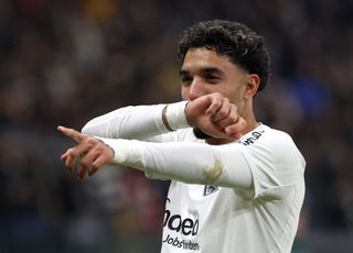 Omar Marmoush of Eintracht Frankfurt celebrates scoring his team's first goal during the UEFA Europa League 2024/25 League Phase MD4 match between Eintracht Frankfurt and SK Slavia Praha at Frankfurt Stadion on November 07, 2024 in Frankfurt am Main, Germany.