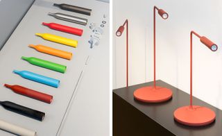 Left: Colour options. Right: the 'Flo' lamp in red