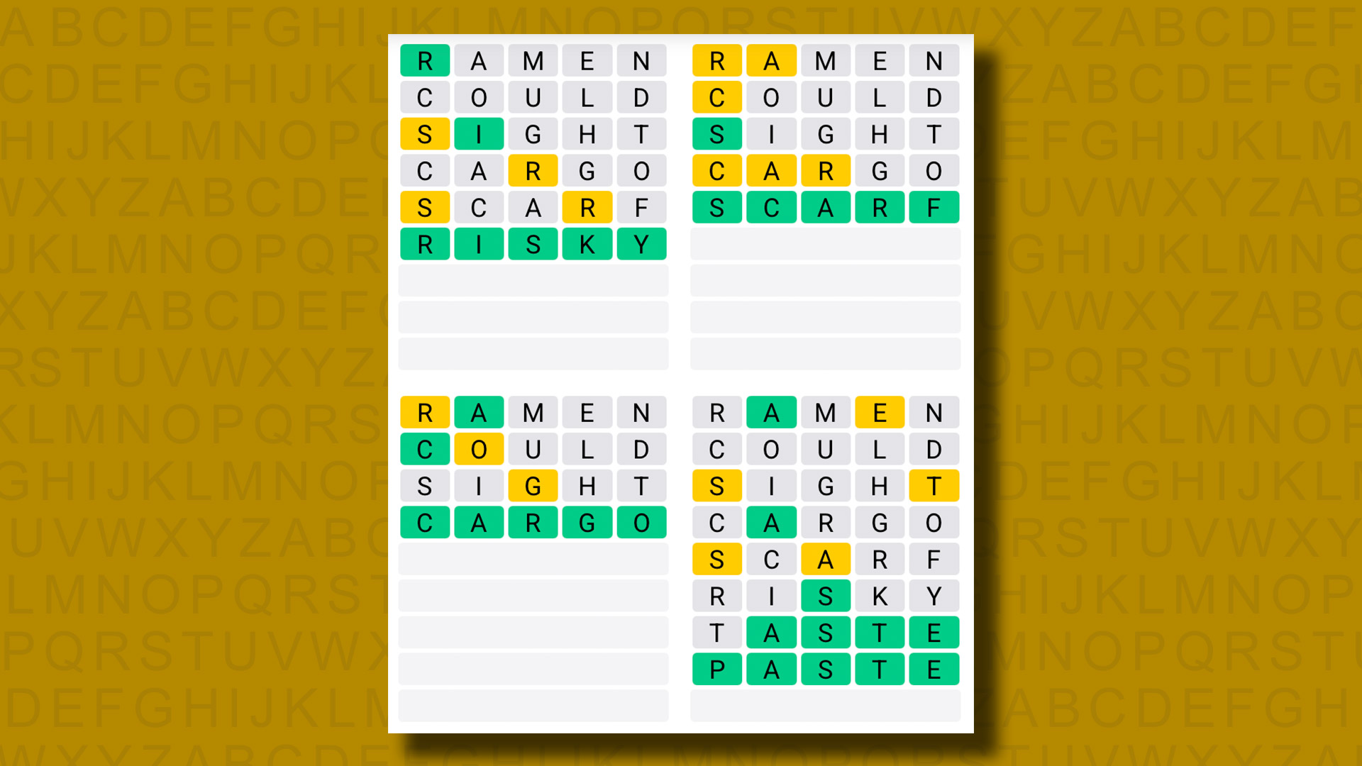 Quordle answers for game 1341 on a yellow background