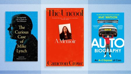 Three book covers on a blue background. 