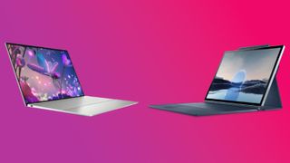 The Dell XPS 13 Plus and Dell XPS 13 2-in-1 squaring off on a pink gradient background.