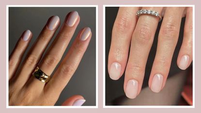 Two hands pictured with pearly, frosted nail looks by nail artist Mateja Novakovic/ @matejanova in a dusky pink template