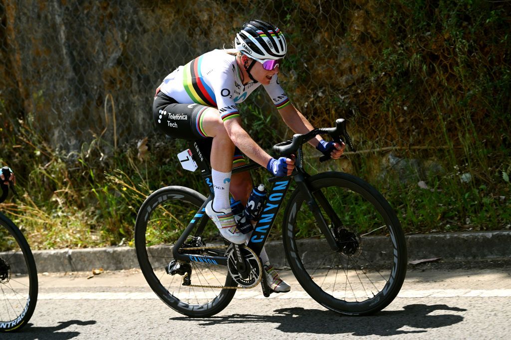 LAREDO SPAIN MAY 06 Annemiek Van Vleuten of The Netherlands and Movistar Team attacks in the breakaway during the 9th La Vuelta Femenina 2023 Stage 6 a 1061km stage from Castro Urdiales to Laredo UCIWWT on May 06 2023 in Laredo Spain Photo by Dario BelingheriGetty Images