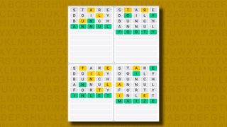 Quordle Daily Sequence answers for game 831 on a yellow background