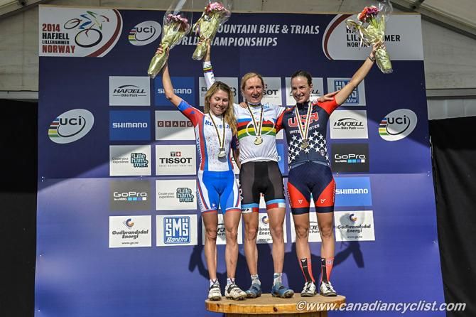 Elite women's cross country world championship podium in Hafjell, Norway: Irina Kalentieva (Russia), Catharine Pendrel (Canada), Lea Davison (United States)