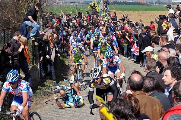 Dmitriy Muravyev (Astana) takes a spill on the Oude Kwaremont.
