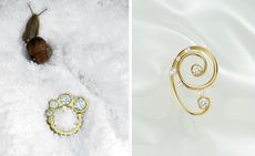 Jessica McCormack and the Haas Brothers’ jewellery: ring resembling paw, seen against snow, with snail, and snail like jewel