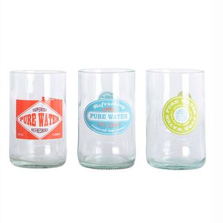 recycled water glasses with retro style label