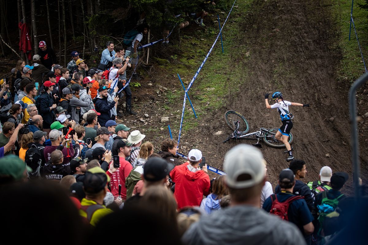 World Cup leader Rebecca McConnell crashes