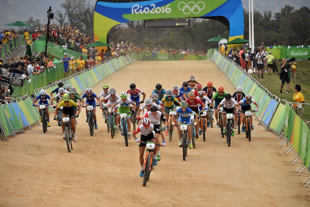 The women's field gets underway for the cross country race.