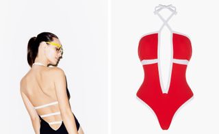 Two images, Left- Model wearing black and white low backed swimsuit, Right- Red and white scooped front swimsuit on a hanger