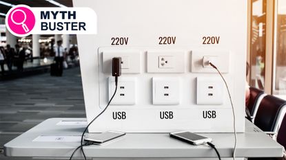 Travelers using smartphone charging ports at an airport