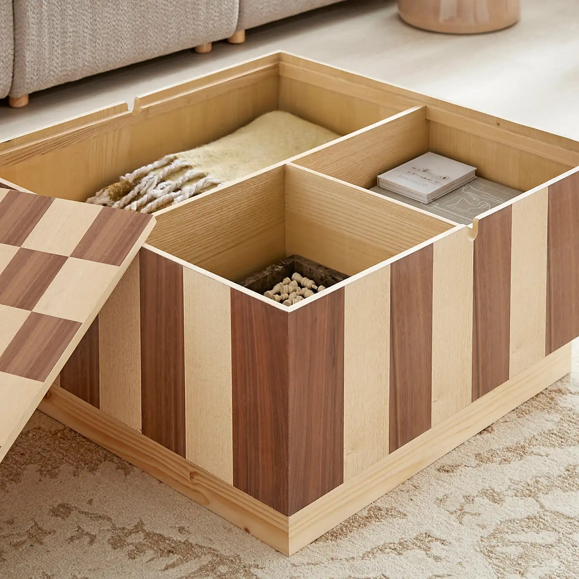 The internal storage of Dunelm's Harmon Games Coffee Table revealed