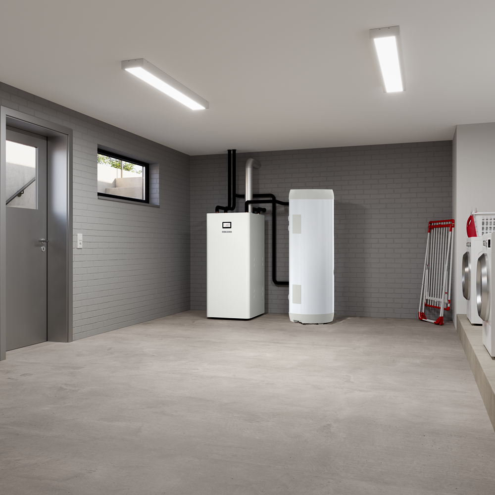 Stiebel Eltron heat pump in bare concrete basement