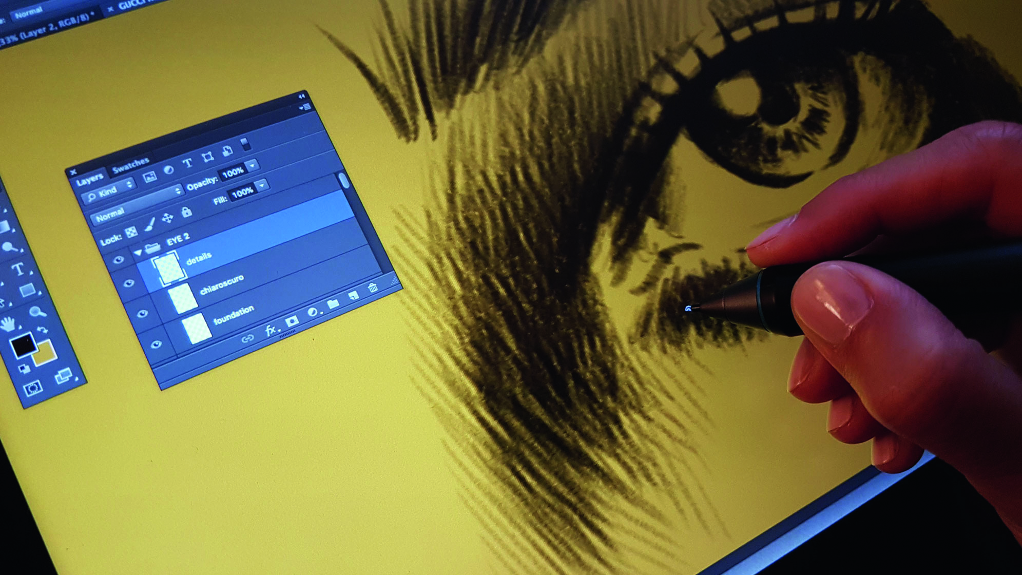 Close up of artist sketching an eye area with layers panel up