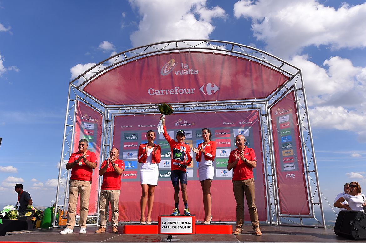 Nairo Quintana collects the red jersey