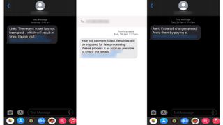 Three examples of scam texts involving unpaid road tolls.