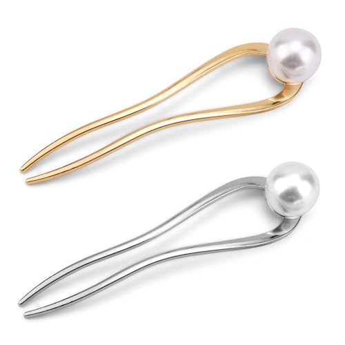 2pcs French Pearl Hair Pin, 11x2.7cm/4.33x1.06inch Metal French U Hair Pins French Twist Hairpin Hair Sticks Gold Silver Hair Clip Hair Accessories for Women (type1)