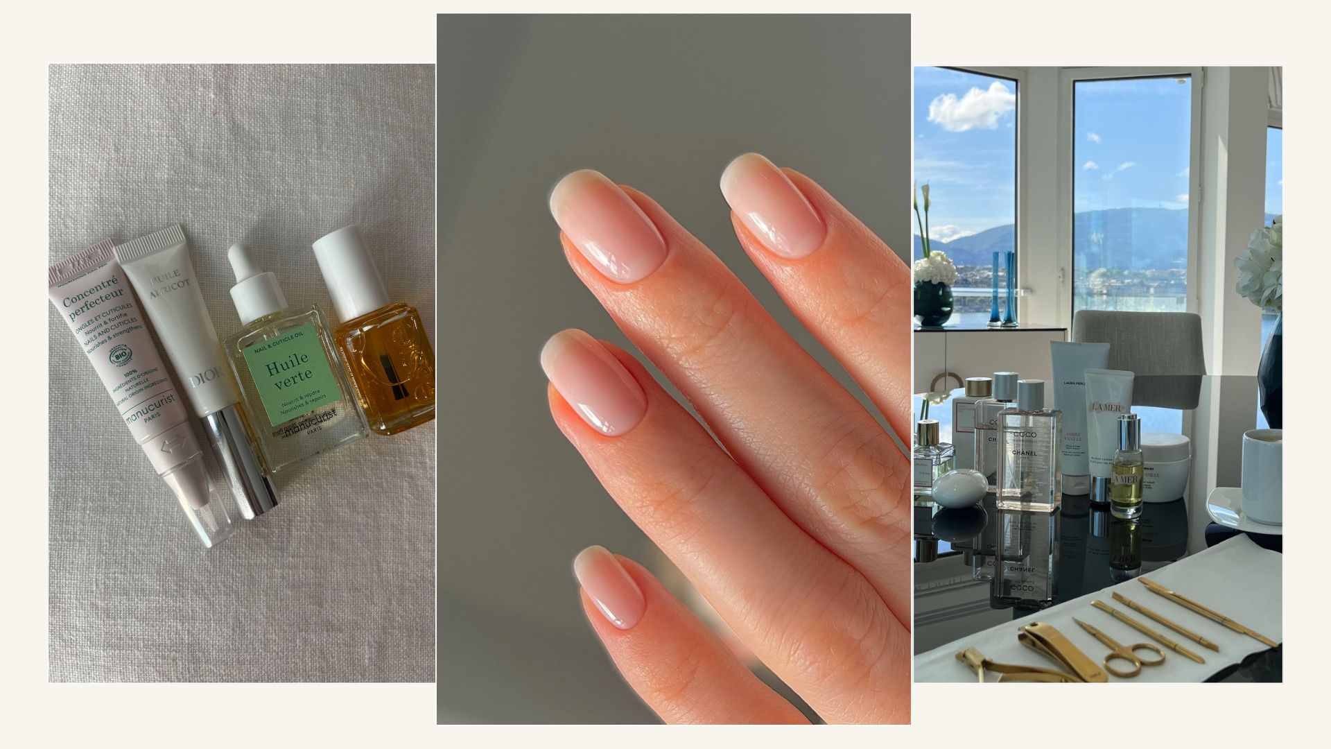 A picture of a natural-looking manicure, a manicure station set up and some of the best cuticle oils