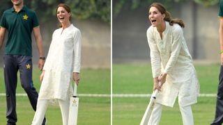 Two photos of Kate Middleton playing cricket in Pakistan