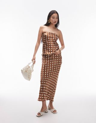 Topshop, Co-Ord Satin Maxi Skirt in Brown and Ivory Spot