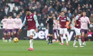 Dejection for West Ham United and Lucas Paqueta during the Premier League match between West Ham United FC and Brentford FC at London Stadium on February 15, 2025 in London, England.