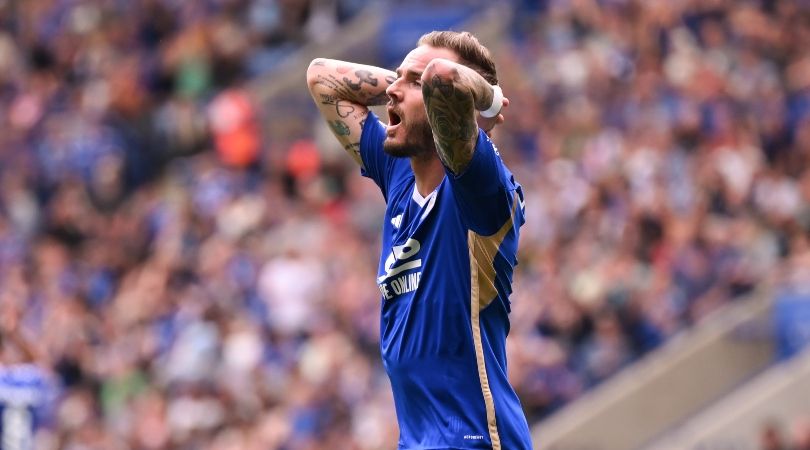 Leicester City midfielder James Maddison reacts during his side&#039;s Premier League game against West Ham in May 2023.