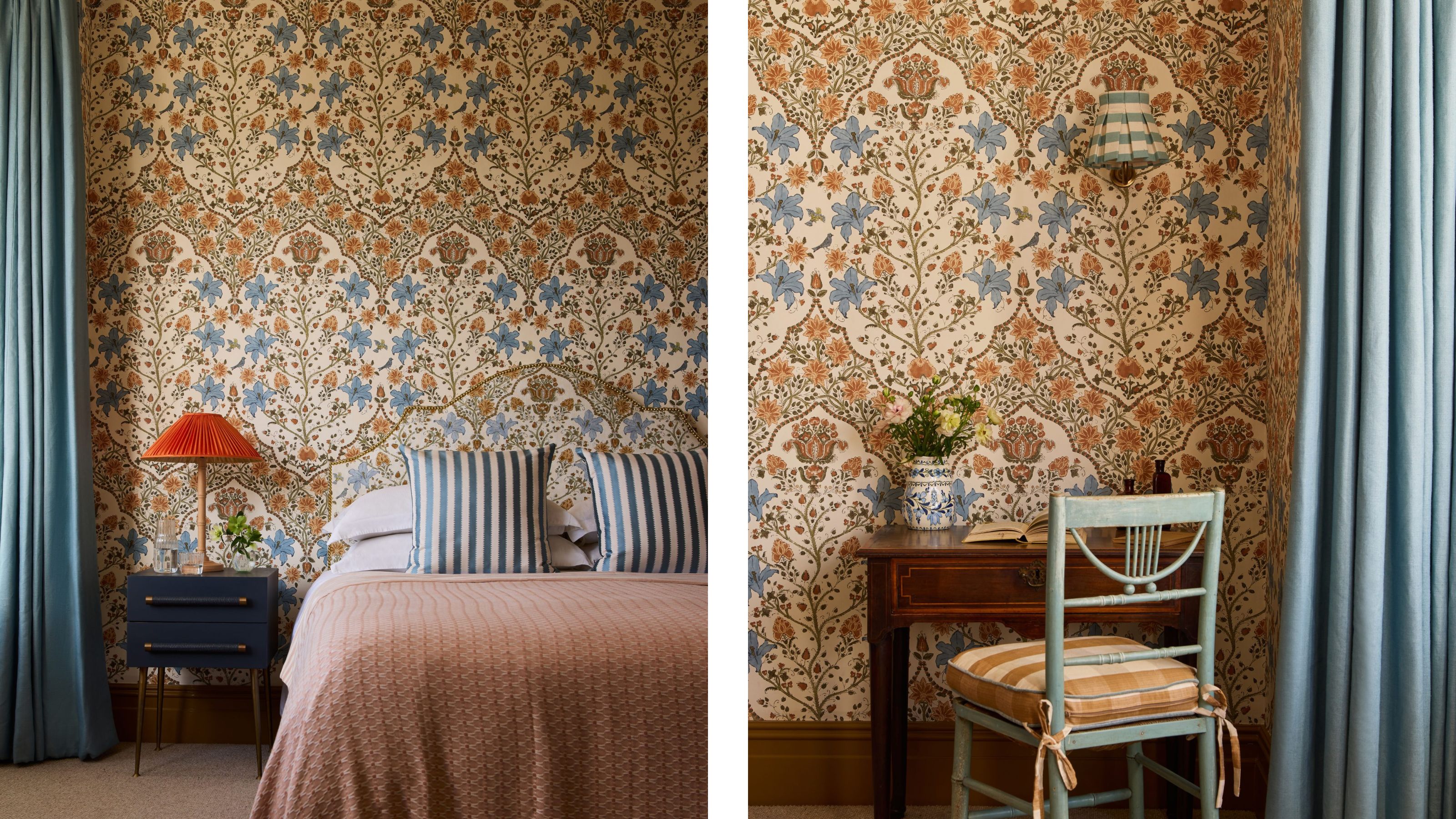 Split view: left shows a bed with a matching wallpaper-upholstered headboard and blue-striped pillows; right shows a vintage wooden writing desk with a light blue wooden chair.