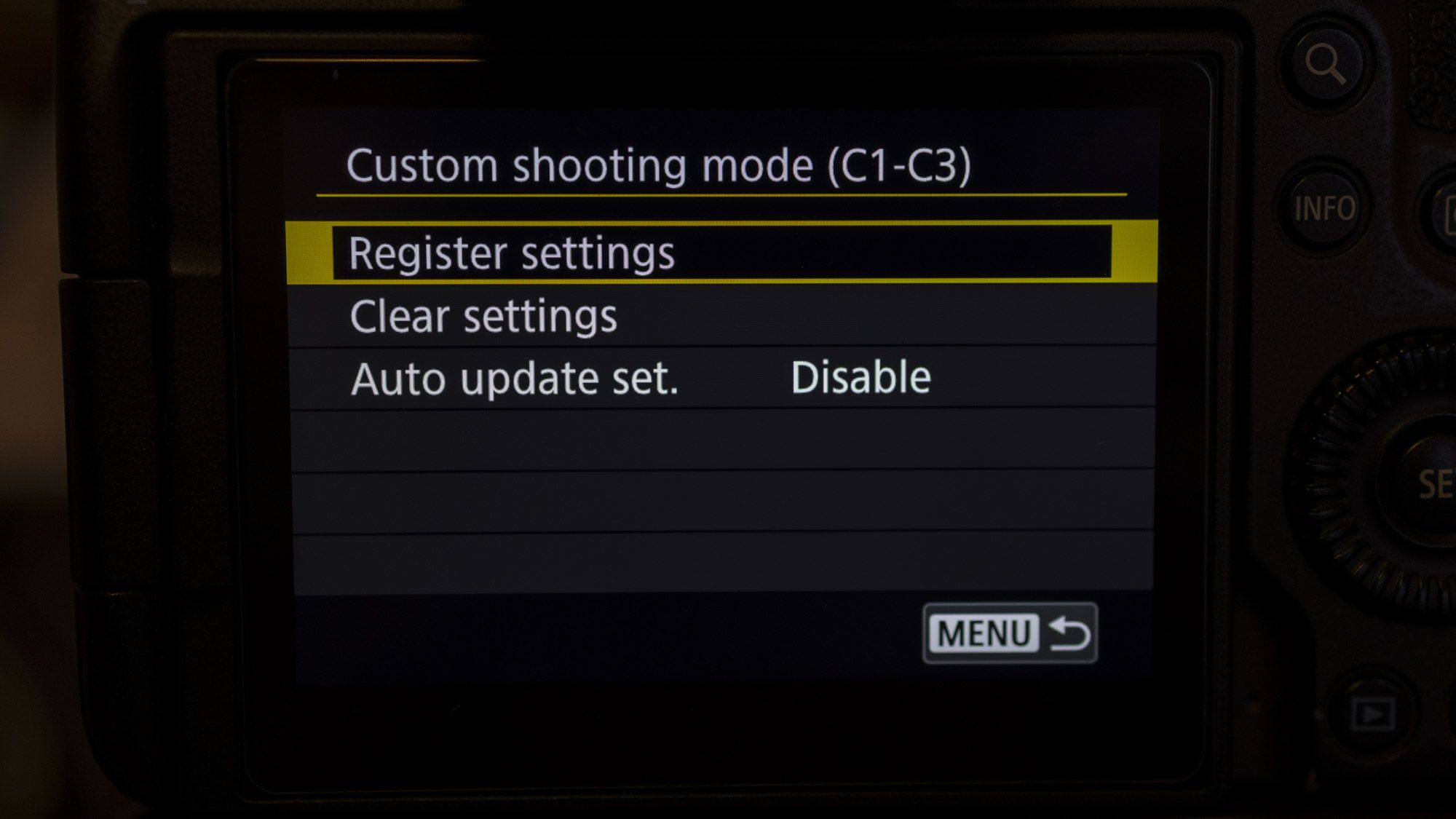 The back LCD screen of a Canon EOS R5 showing the Custom C1-C3 settings menu