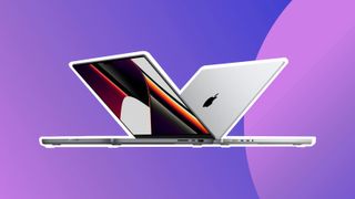 A product shot of the MacBook Pro at various angles on a purple background