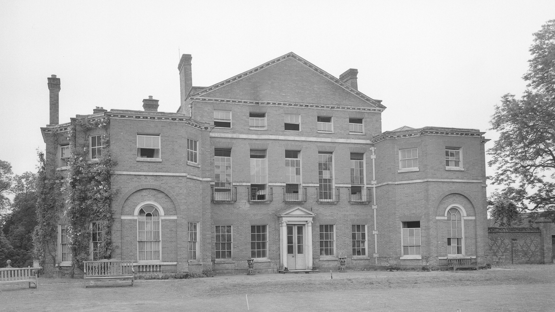 A black and white photo of the exterior of Royal Lodge Windsor