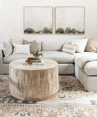 Rustic living room with white walls and wood coffee table