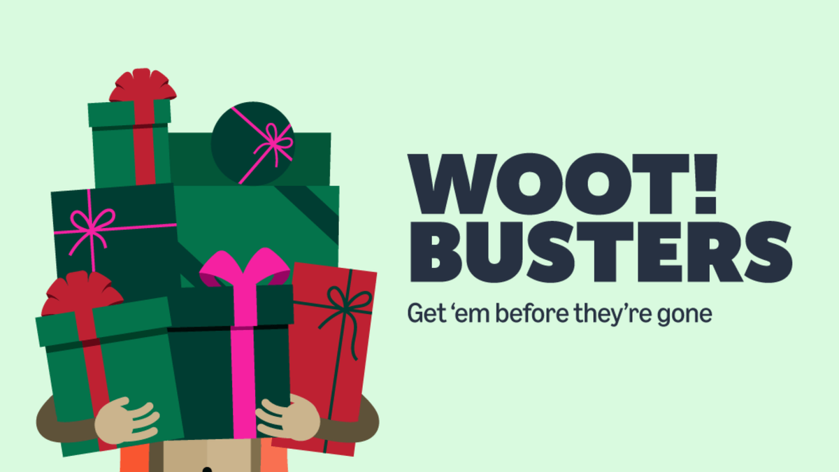 A marketing image that says: Woot Busters, get&#039;em before they&#039;re gone. With a cartoon person carrying many wrapped gifts