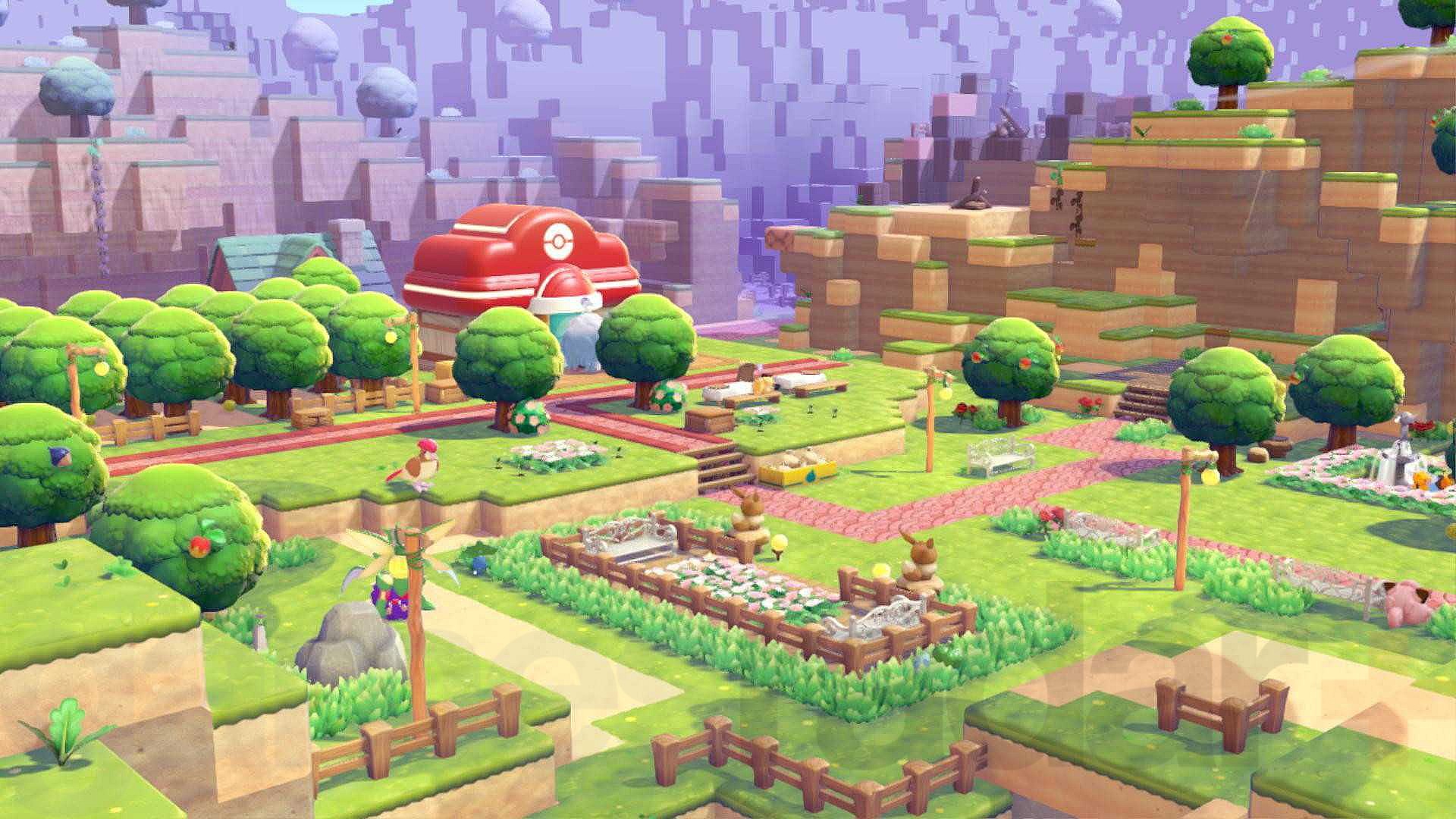 Looking out over Withered Wasteland, one of the areas in Pokopia