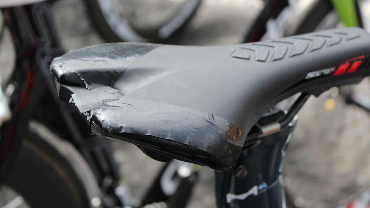 Tape masks most of the Prologo saddle logos on the Selle Italia-sponsored team.